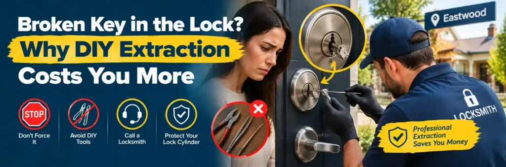 Locksmith extracting a broken key from a door lock in Eastwood