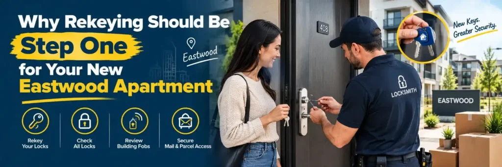 Locksmith rekeying the locks of a new Eastwood apartment for improved security